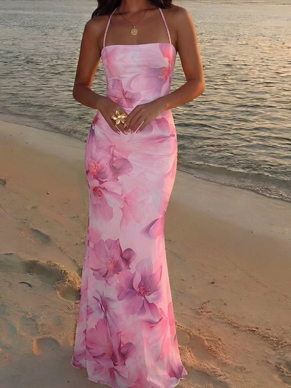 Mauve Purple Boho Women's Floral Print Backless Casual Dress
